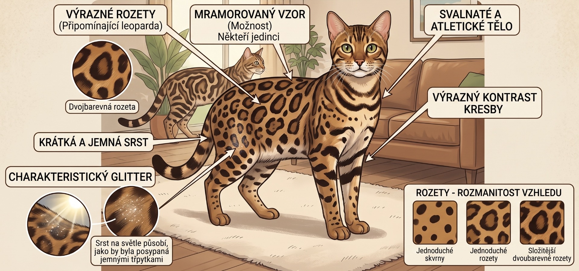Ilustrační bengálská kočka popisující jejich typický vzhled a vlastnosti stavby těla